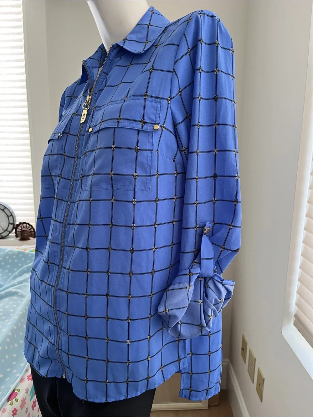Michael Kors blue chain link windowpane blouse Zip-Front Size S